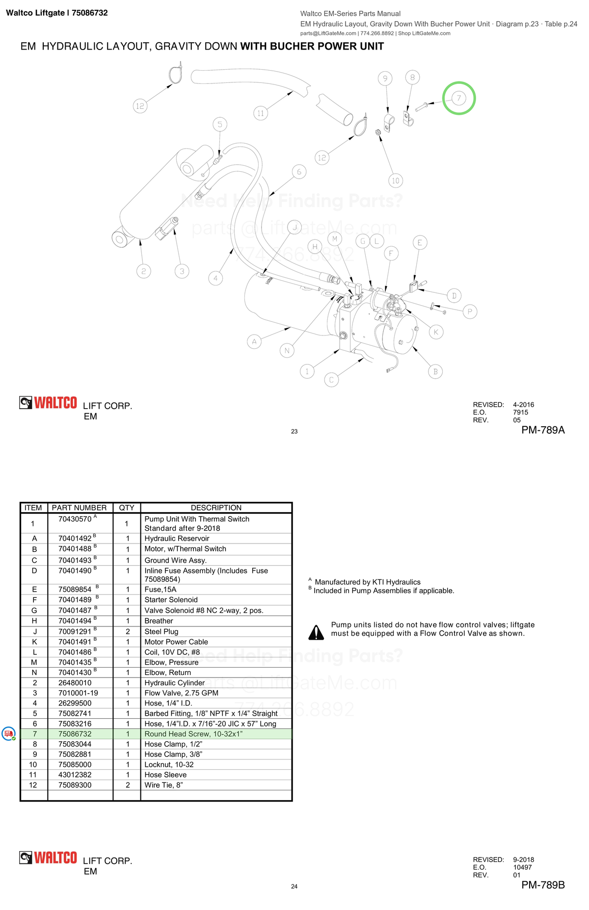 Waltco Liftgate | 75086732 — EM Hydraulic Layout, Gravity Down With Bucher Power Unit · Diagram p.23 · Table p.24 (Waltco EM-Series Parts Manual)