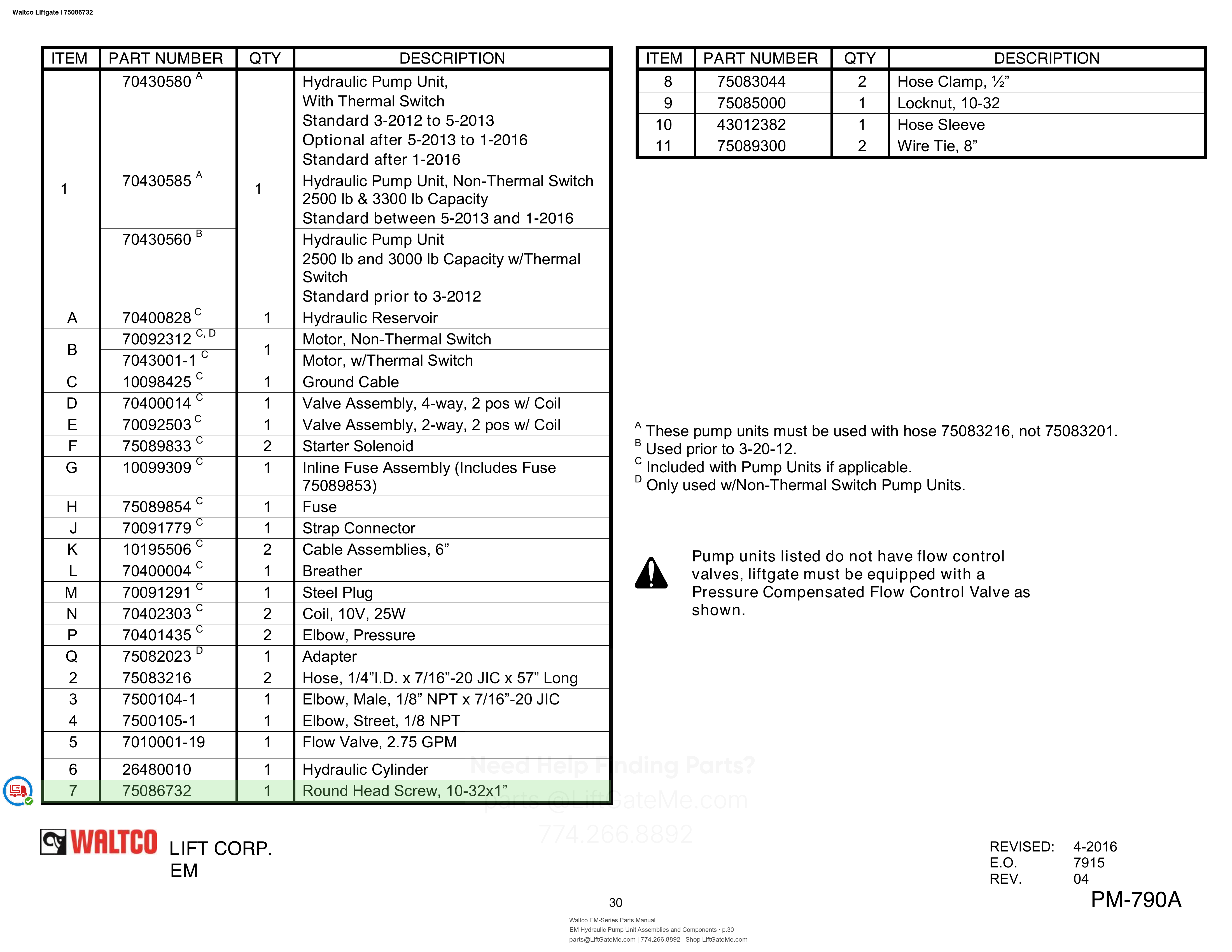 Waltco Liftgate | 75086732 — EM Hydraulic Pump Unit Assemblies and Components · p.30 (Waltco EM-Series Parts Manual)