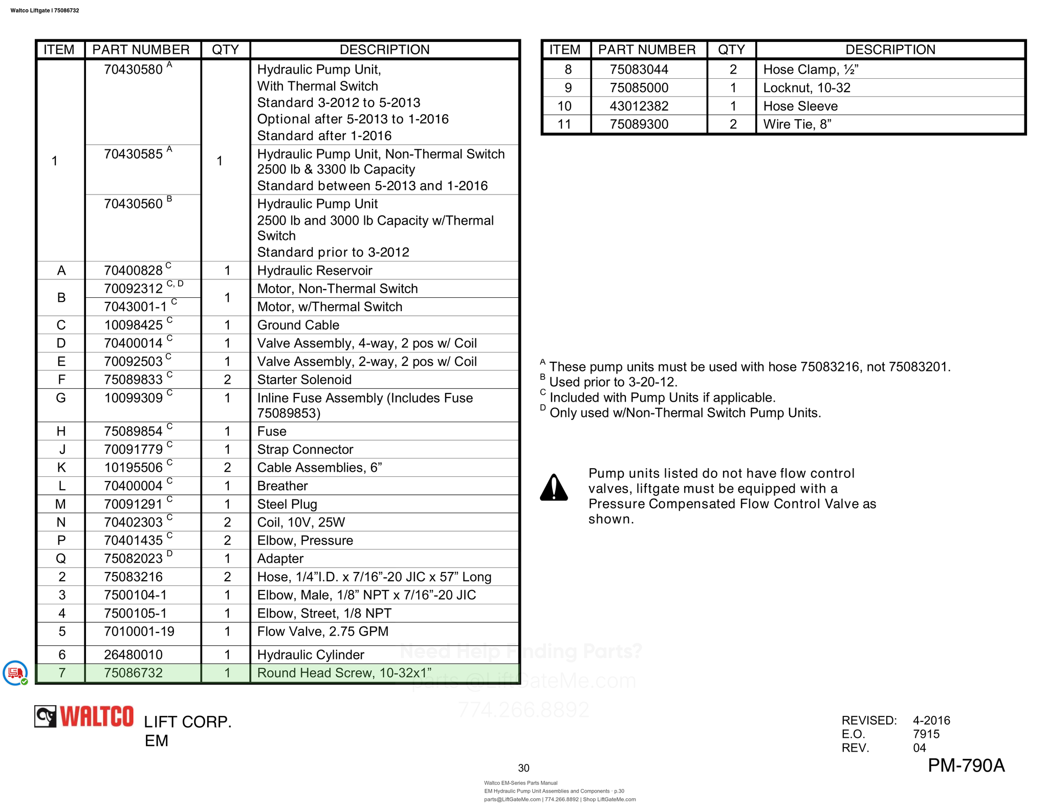 Waltco Liftgate | 75086732 — EM Hydraulic Pump Unit Assemblies and Components · p.30 (Waltco EM-Series Parts Manual)
