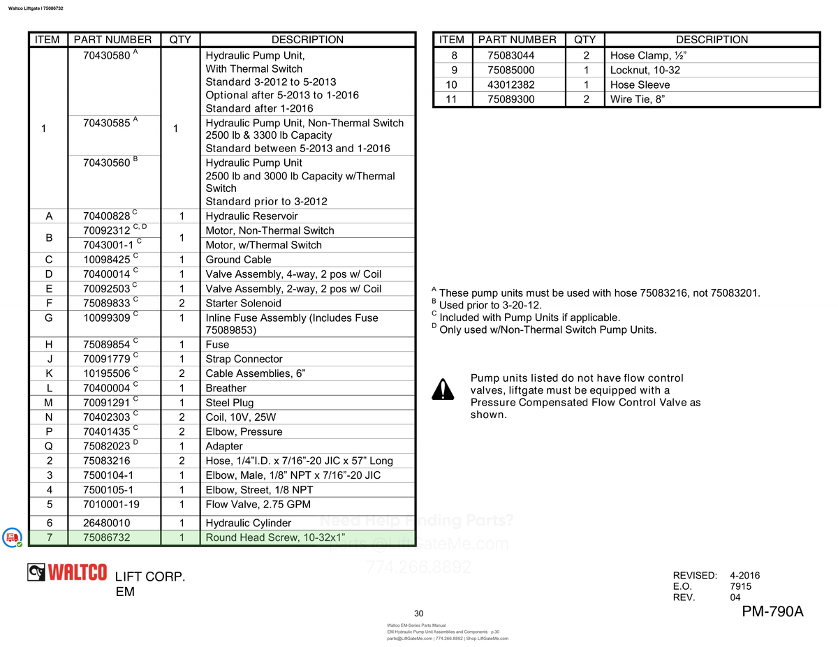 Waltco Liftgate | 75086732 — EM Hydraulic Pump Unit Assemblies and Components · p.30 (Waltco EM-Series Parts Manual)
