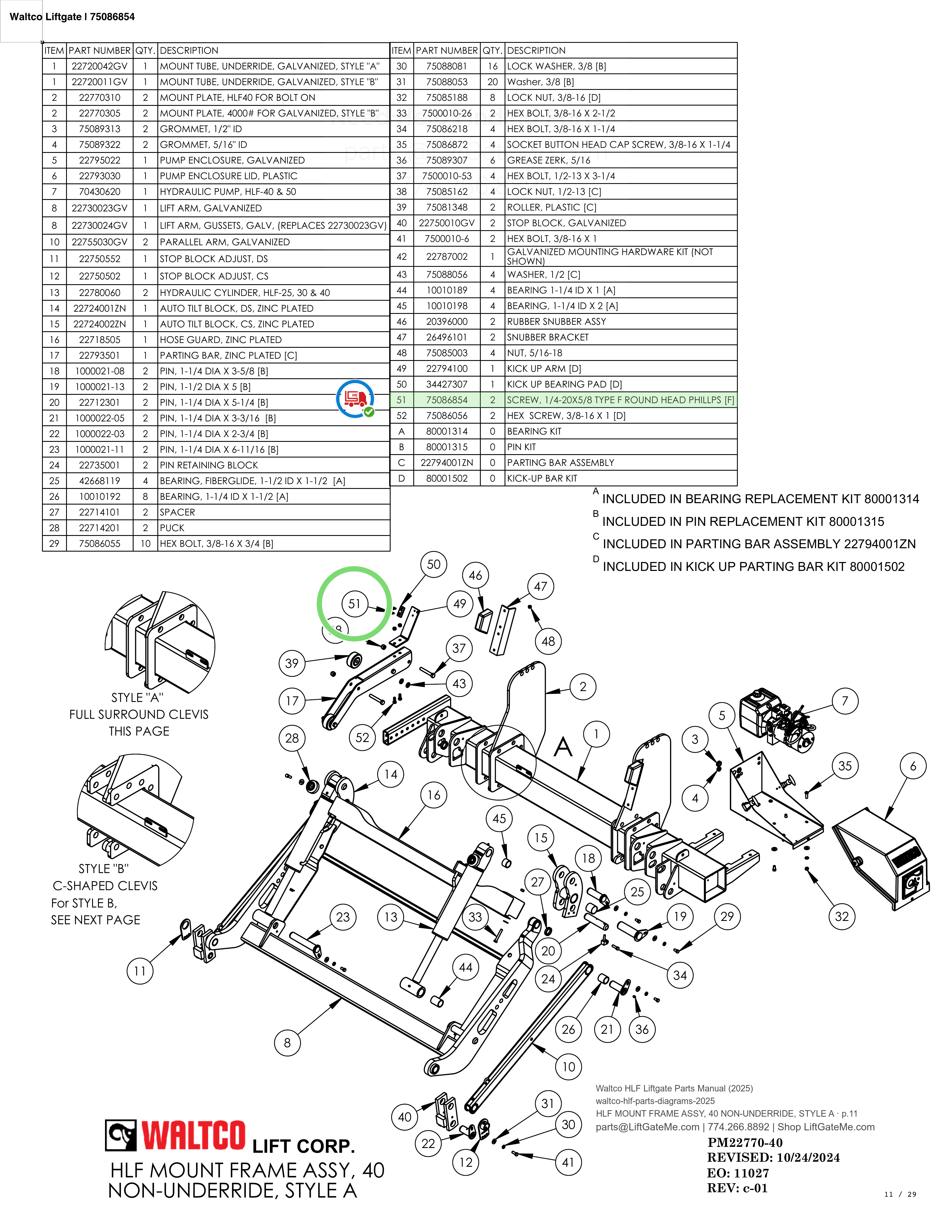 Waltco Liftgate | 75086854 — HLF MOUNT FRAME ASSY, 40 NON-UNDERRIDE, STYLE A · p.11 (Waltco HLF Parts Manual)