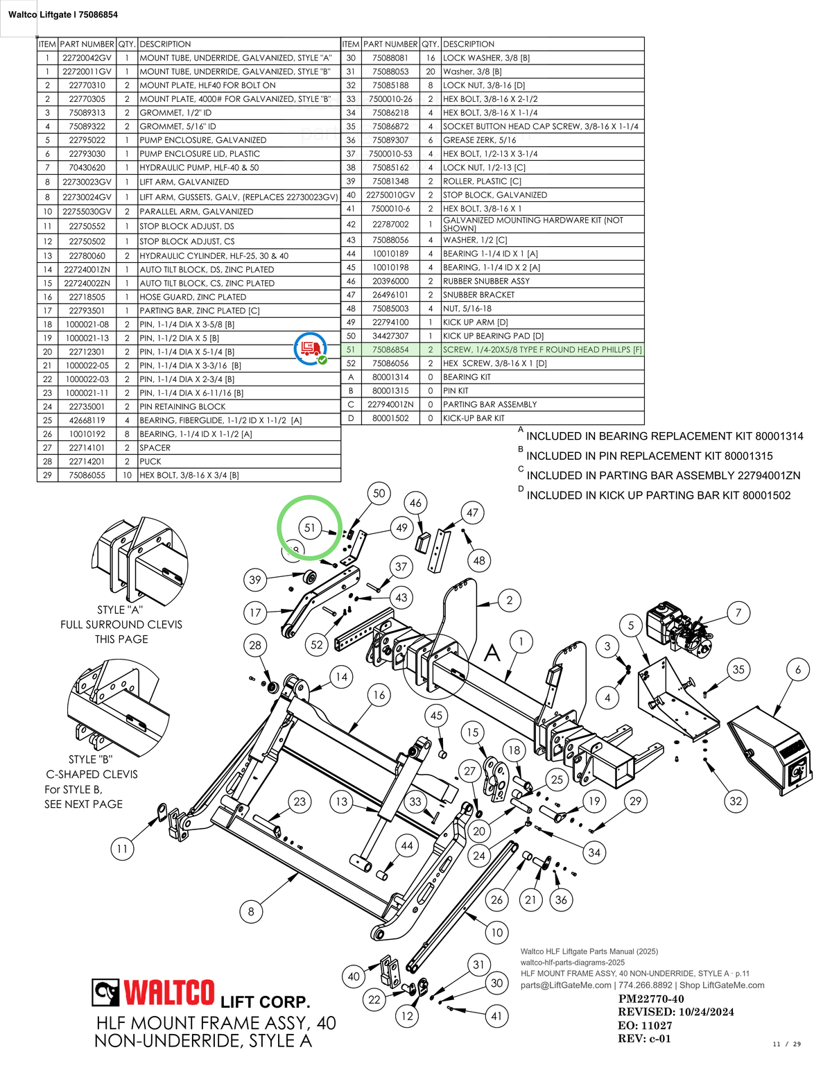 Waltco Liftgate | 75086854 — HLF MOUNT FRAME ASSY, 40 NON-UNDERRIDE, STYLE A · p.11 (Waltco HLF Parts Manual)