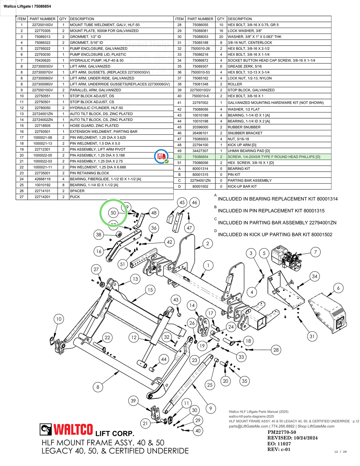 Waltco Liftgate | 75086854 — HLF MOUNT FRAME ASSY, 40 & 50 LEGACY 40, 50, & CERTIFIED UNDERRIDE · p.12 (Waltco HLF Parts Manual)