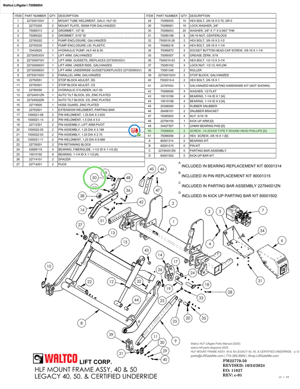Waltco Liftgate | 75086854 — HLF MOUNT FRAME ASSY, 40 & 50 LEGACY 40, 50, & CERTIFIED UNDERRIDE · p.12 (Waltco HLF Parts Manual)