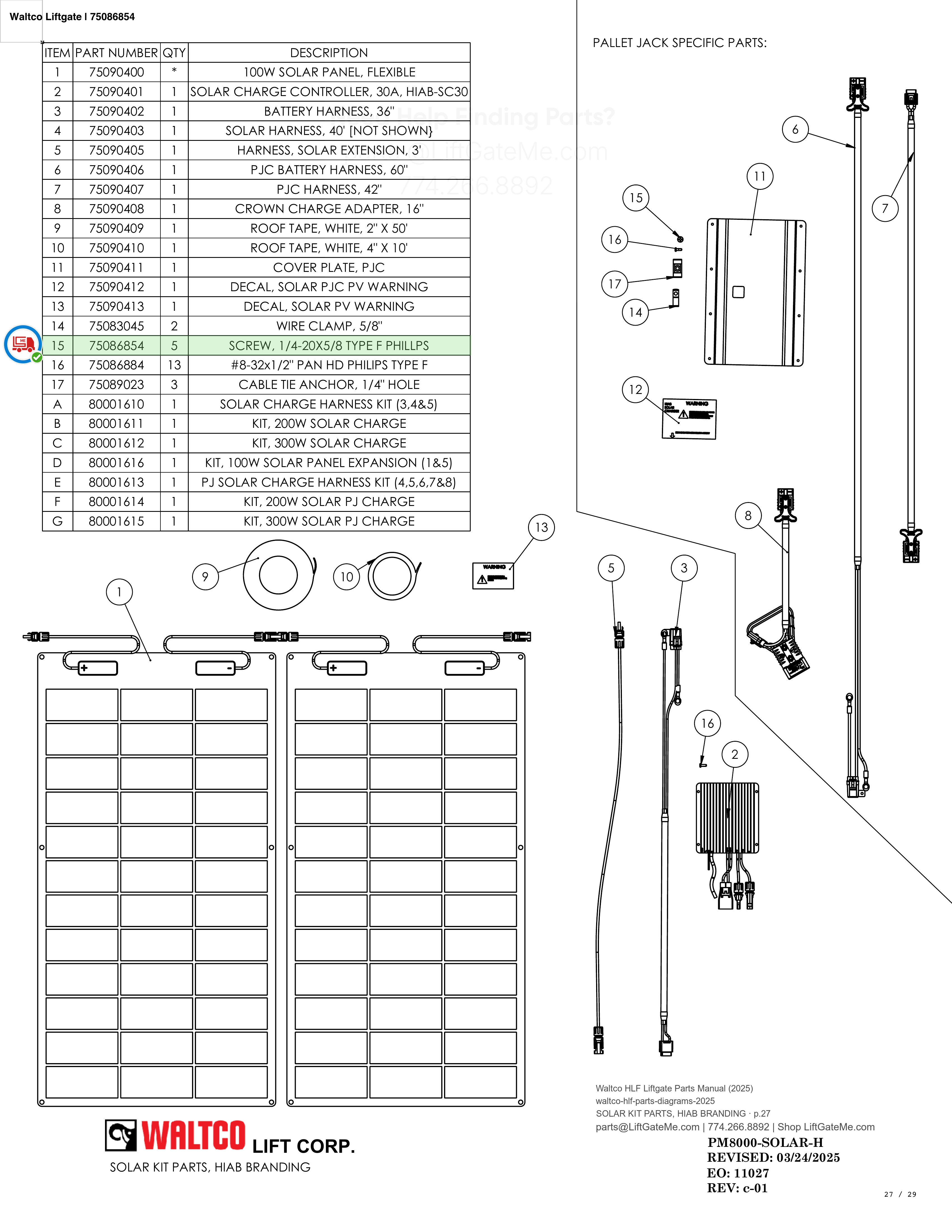 Waltco Liftgate | 75086854 — SOLAR KIT PARTS, HIAB BRANDING · p.27 (Waltco HLF Parts Manual)