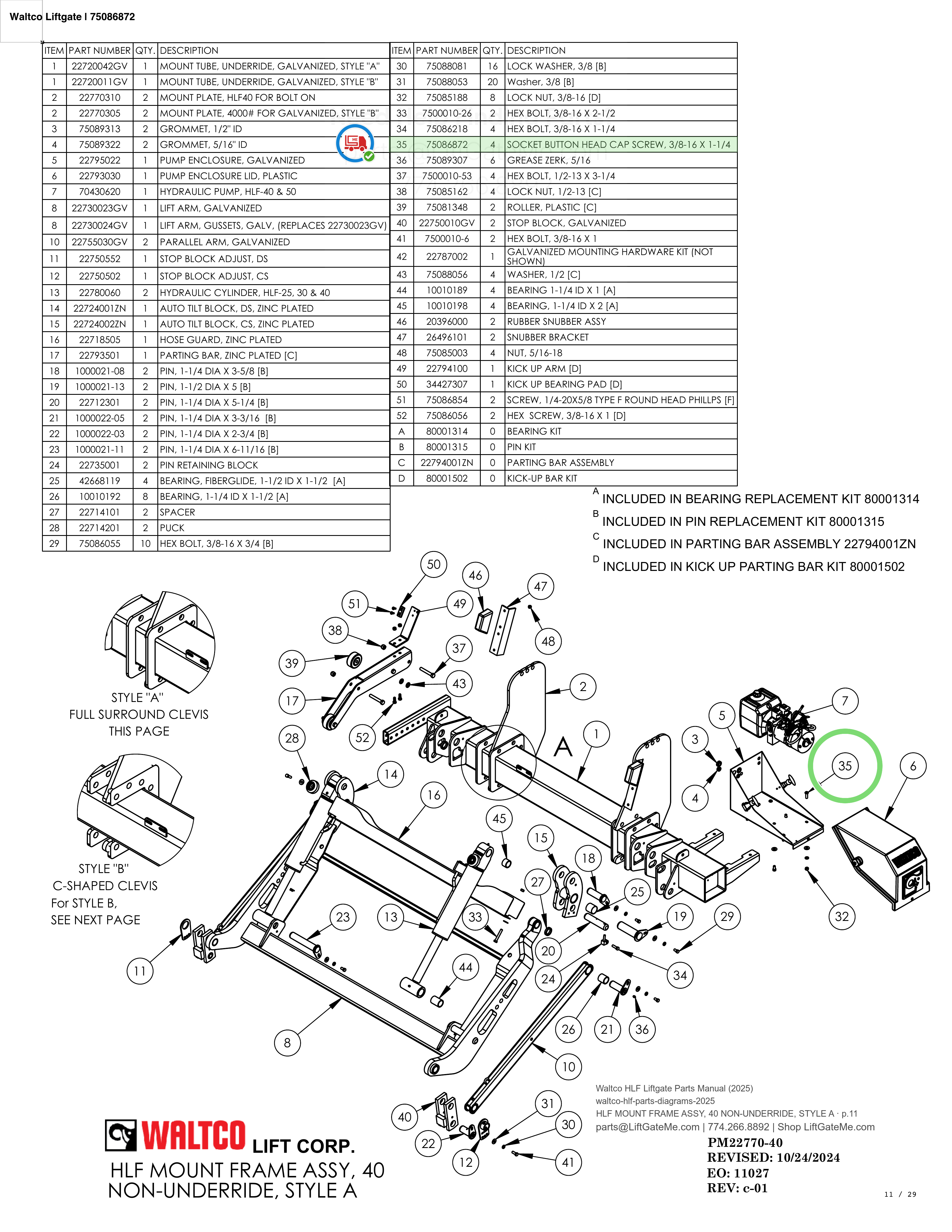 Waltco Liftgate | 75086872 — HLF MOUNT FRAME ASSY, 40 NON-UNDERRIDE, STYLE A · p.11 (Waltco HLF Parts Manual)