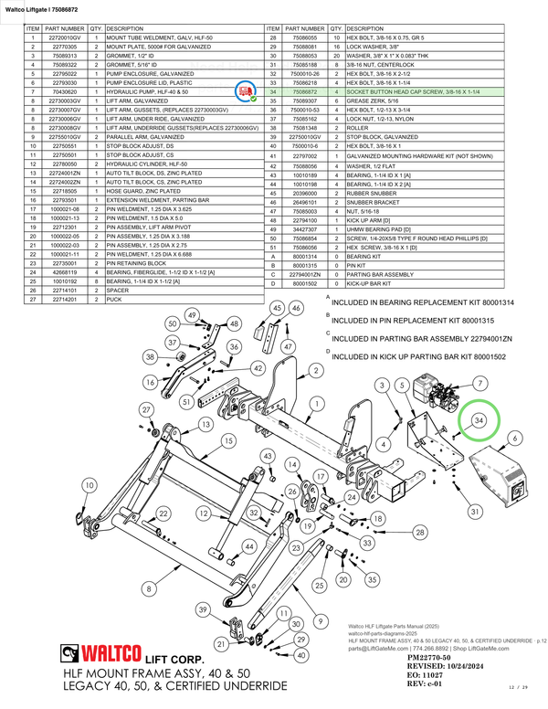 Waltco Liftgate | 75086872 — HLF MOUNT FRAME ASSY, 40 & 50 LEGACY 40, 50, & CERTIFIED UNDERRIDE · p.12 (Waltco HLF Parts Manual)