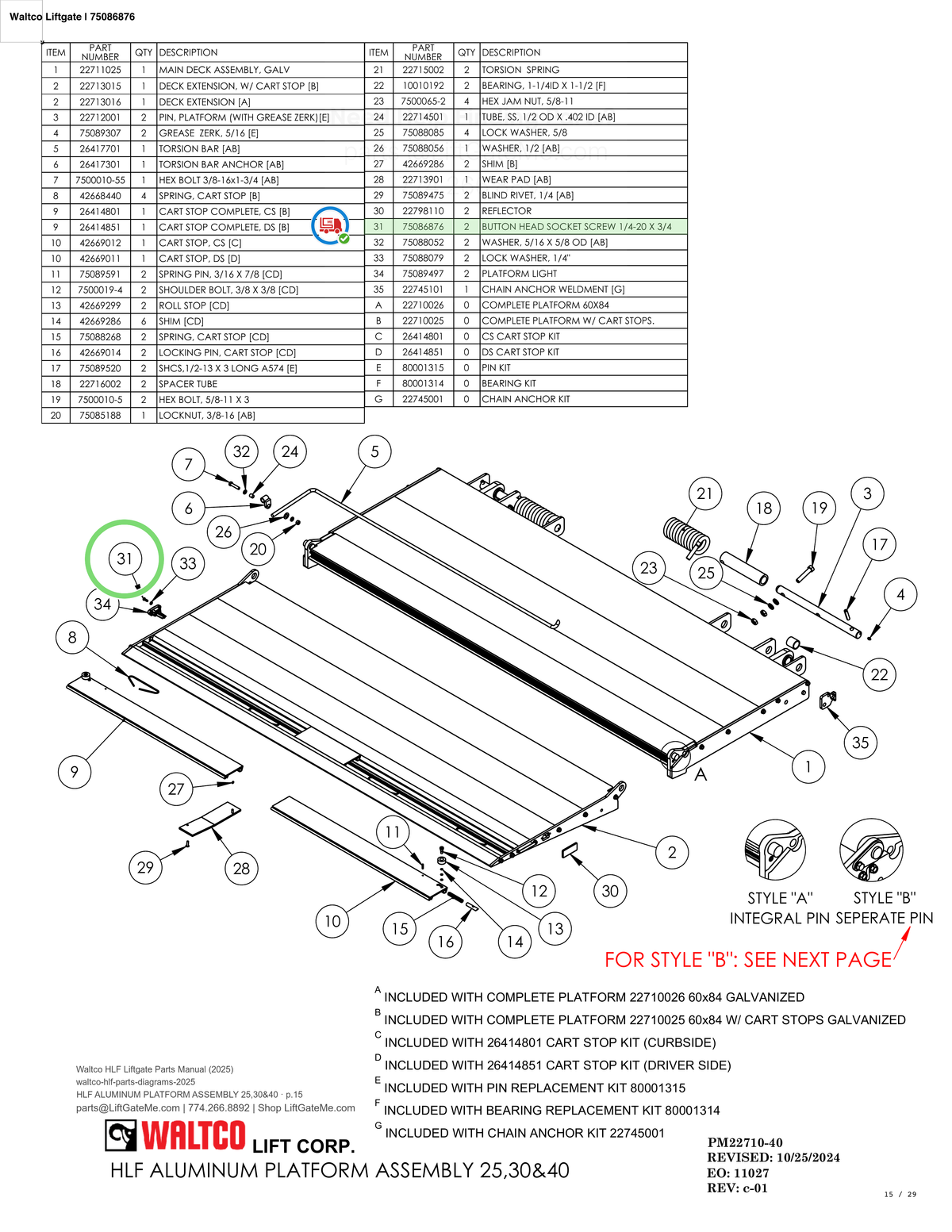 Waltco Liftgate | 75086876 — HLF ALUMINUM PLATFORM ASSEMBLY 25,30&40 · p.15 (Waltco HLF Parts Manual)