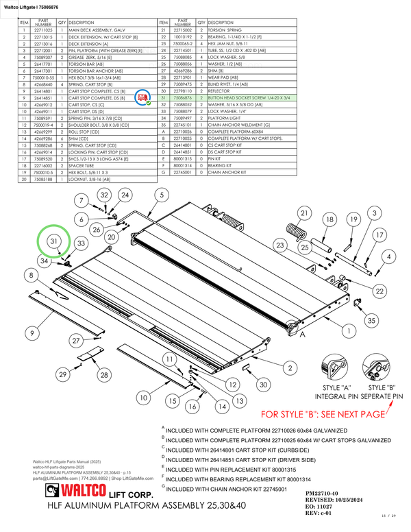 Waltco Liftgate | 75086876 — HLF ALUMINUM PLATFORM ASSEMBLY 25,30&40 · p.15 (Waltco HLF Parts Manual)