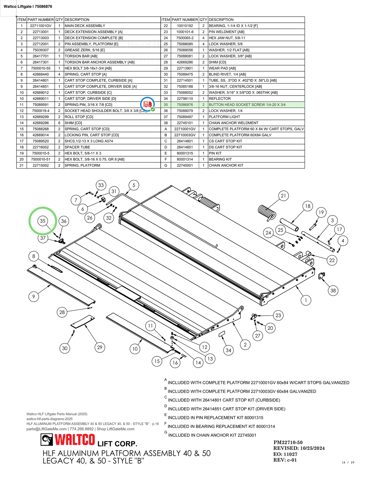 Waltco Liftgate | 75086876 — HLF ALUMINUM PLATFORM ASSEMBLY 40 & 50 LEGACY 40, & 50 - STYLE "B" · p.16 (Waltco HLF Parts Manual)