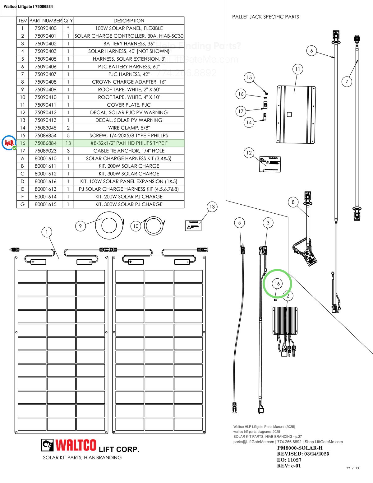 Waltco Liftgate | 75086884 — SOLAR KIT PARTS, HIAB BRANDING · p.27 (Waltco HLF Parts Manual)