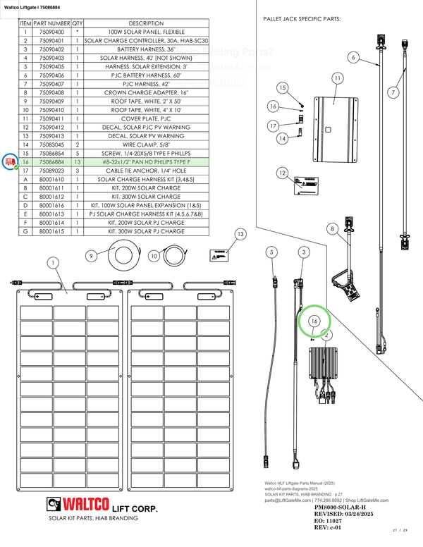 Waltco Liftgate | 75086884 — SOLAR KIT PARTS, HIAB BRANDING · p.27 (Waltco HLF Parts Manual)