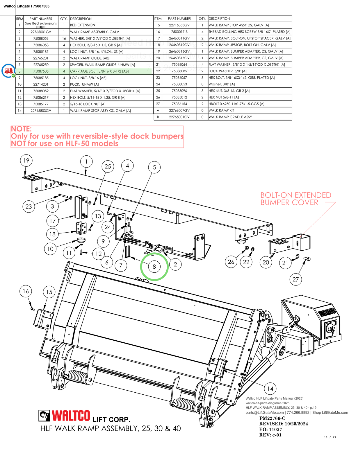Waltco Liftgate | 75087505 — HLF WALK RAMP ASSEMBLY, 25, 30 & 40 · p.19 (Waltco HLF Parts Manual)