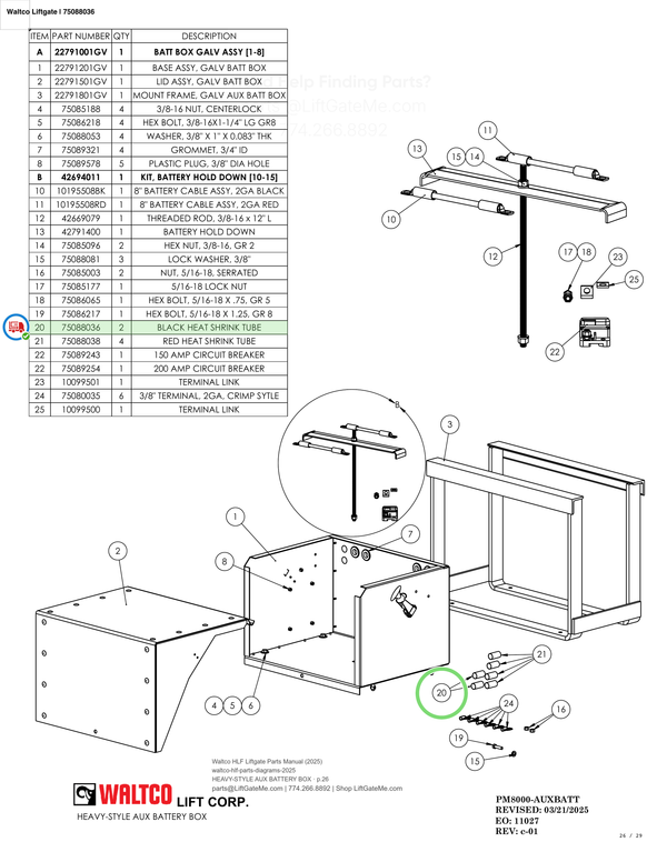 Waltco Liftgate | 75088036 — HEAVY-STYLE AUX BATTERY BOX · p.26 (Waltco HLF Parts Manual)