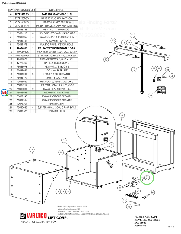 Waltco Liftgate | 75088038 — HEAVY-STYLE AUX BATTERY BOX · p.26 (Waltco HLF Parts Manual)