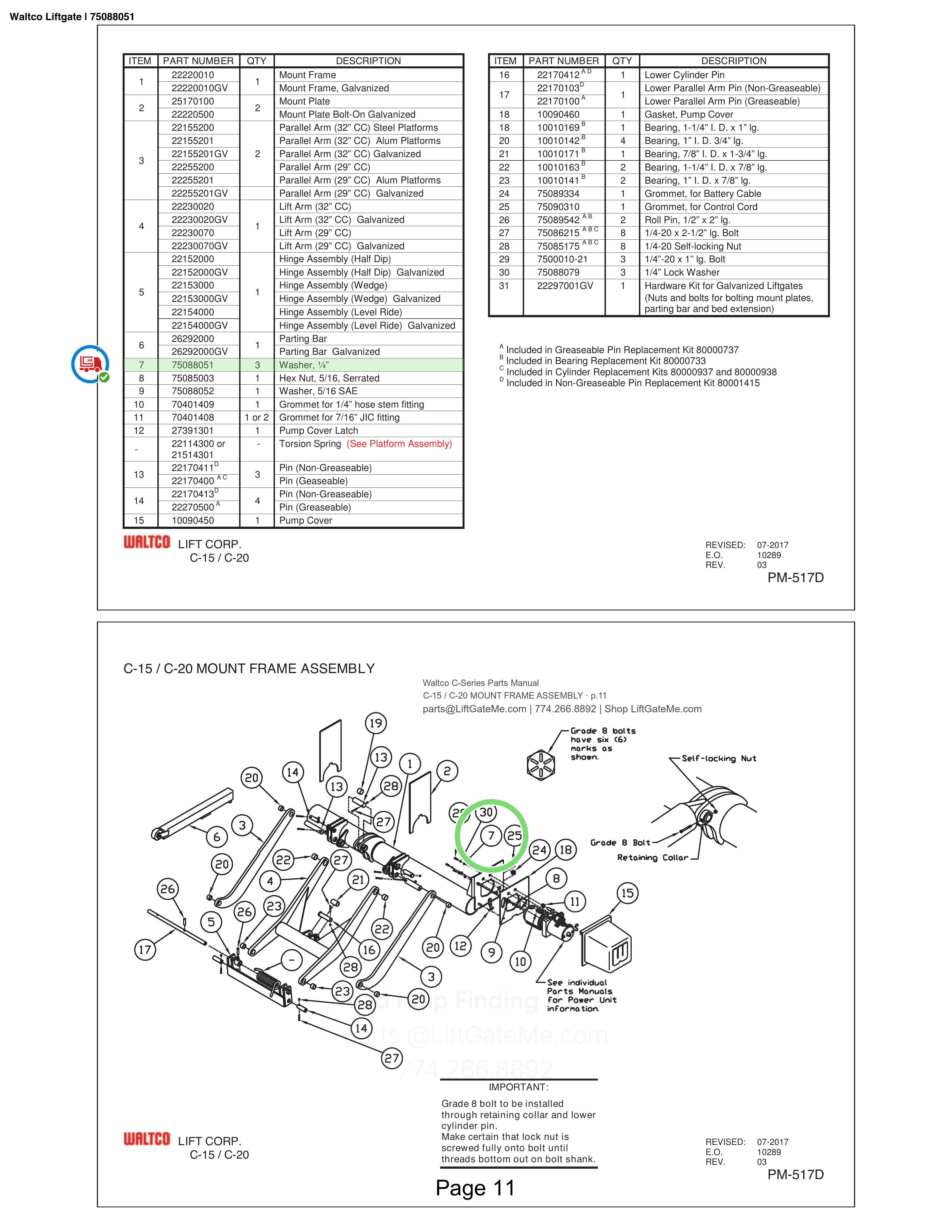 Waltco Liftgate | 75088051 — C-15 / C-20 MOUNT FRAME ASSEMBLY · p.11 (Waltco C-Series Parts Manual)