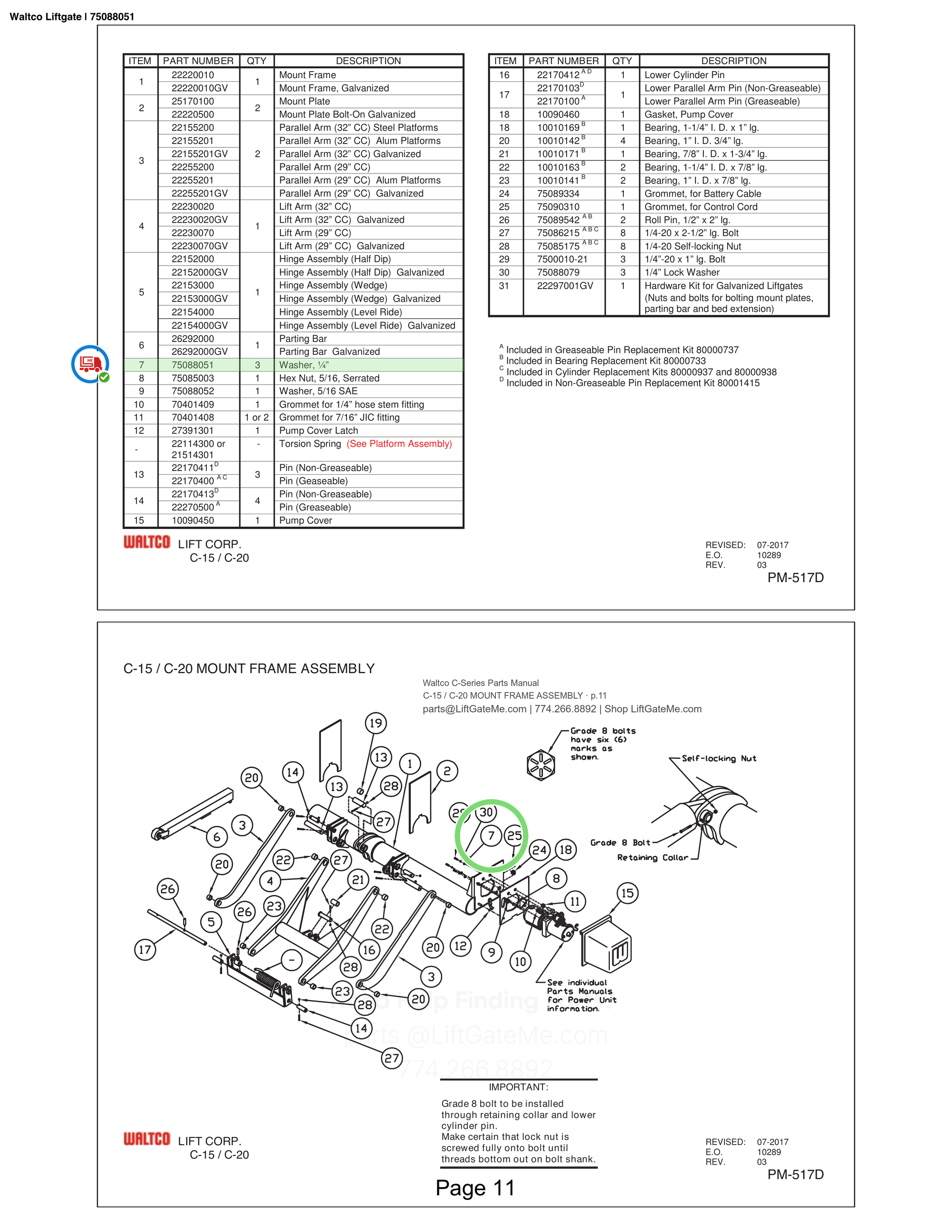 Waltco Liftgate | 75088051 — C-15 / C-20 MOUNT FRAME ASSEMBLY · p.11 (Waltco C-Series Parts Manual)