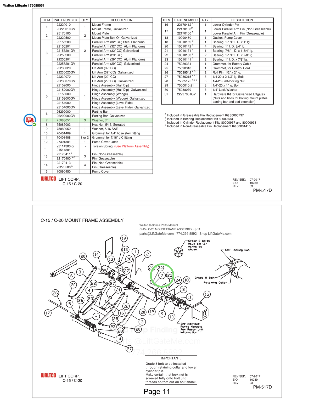 Waltco Liftgate | 75088051 — C-15 / C-20 MOUNT FRAME ASSEMBLY · p.11 (Waltco C-Series Parts Manual)
