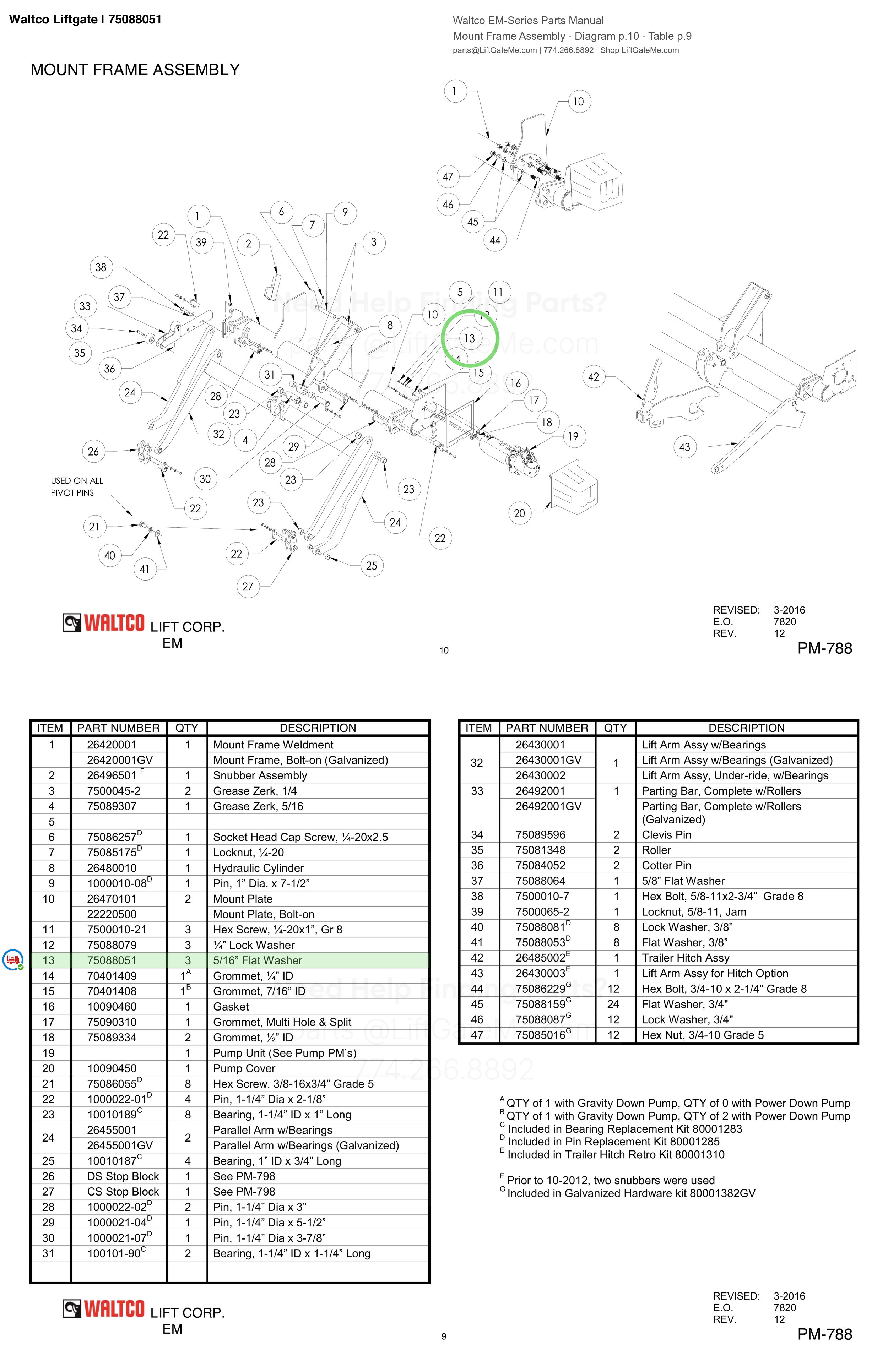 Waltco Liftgate | 75088051 — Mount Frame Assembly · Diagram p.10 · Table p.9 (Waltco EM-Series Parts Manual)