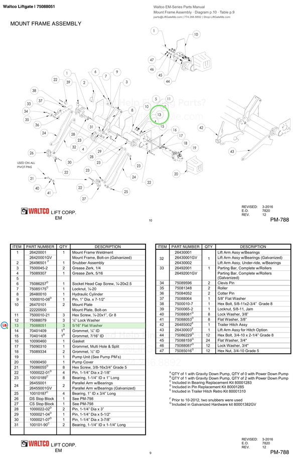 Waltco Liftgate | 75088051 — Mount Frame Assembly · Diagram p.10 · Table p.9 (Waltco EM-Series Parts Manual)