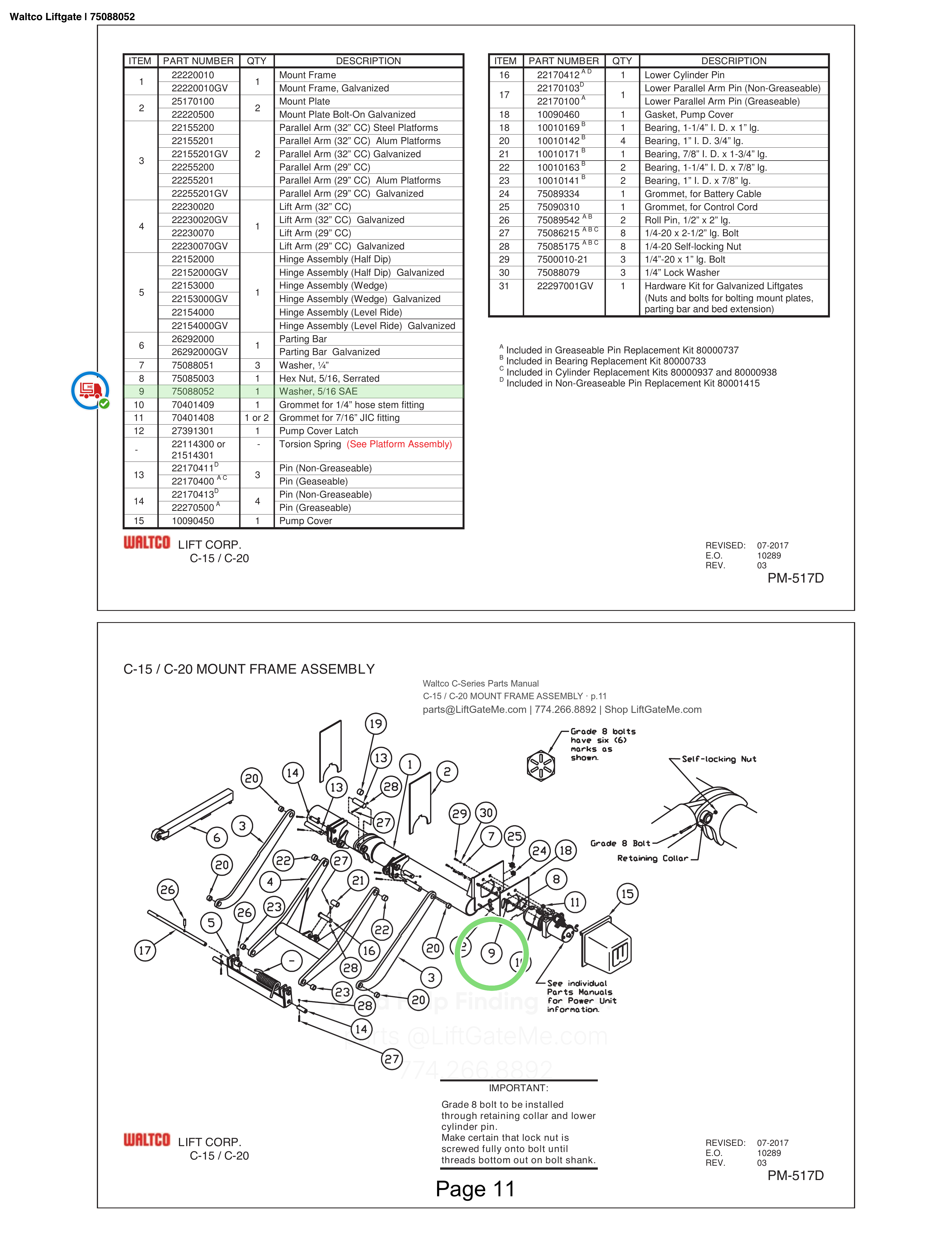 Waltco Liftgate | 75088052 — C-15 / C-20 MOUNT FRAME ASSEMBLY · p.11 (Waltco C-Series Parts Manual)