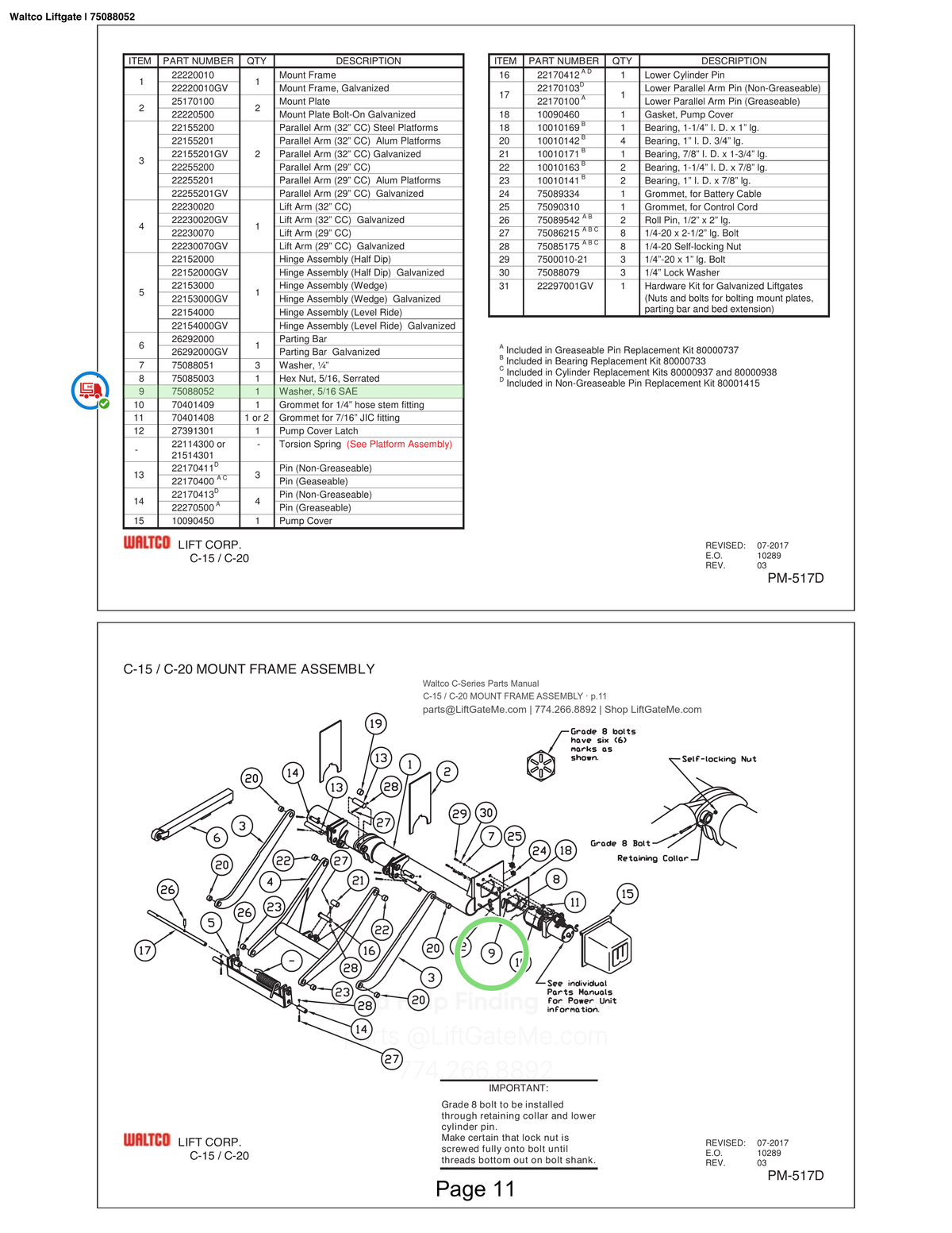 Waltco Liftgate | 75088052 — C-15 / C-20 MOUNT FRAME ASSEMBLY · p.11 (Waltco C-Series Parts Manual)
