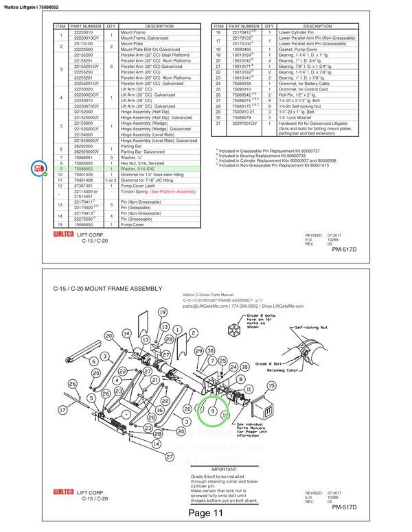 Waltco Liftgate | 75088052 — C-15 / C-20 MOUNT FRAME ASSEMBLY · p.11 (Waltco C-Series Parts Manual)