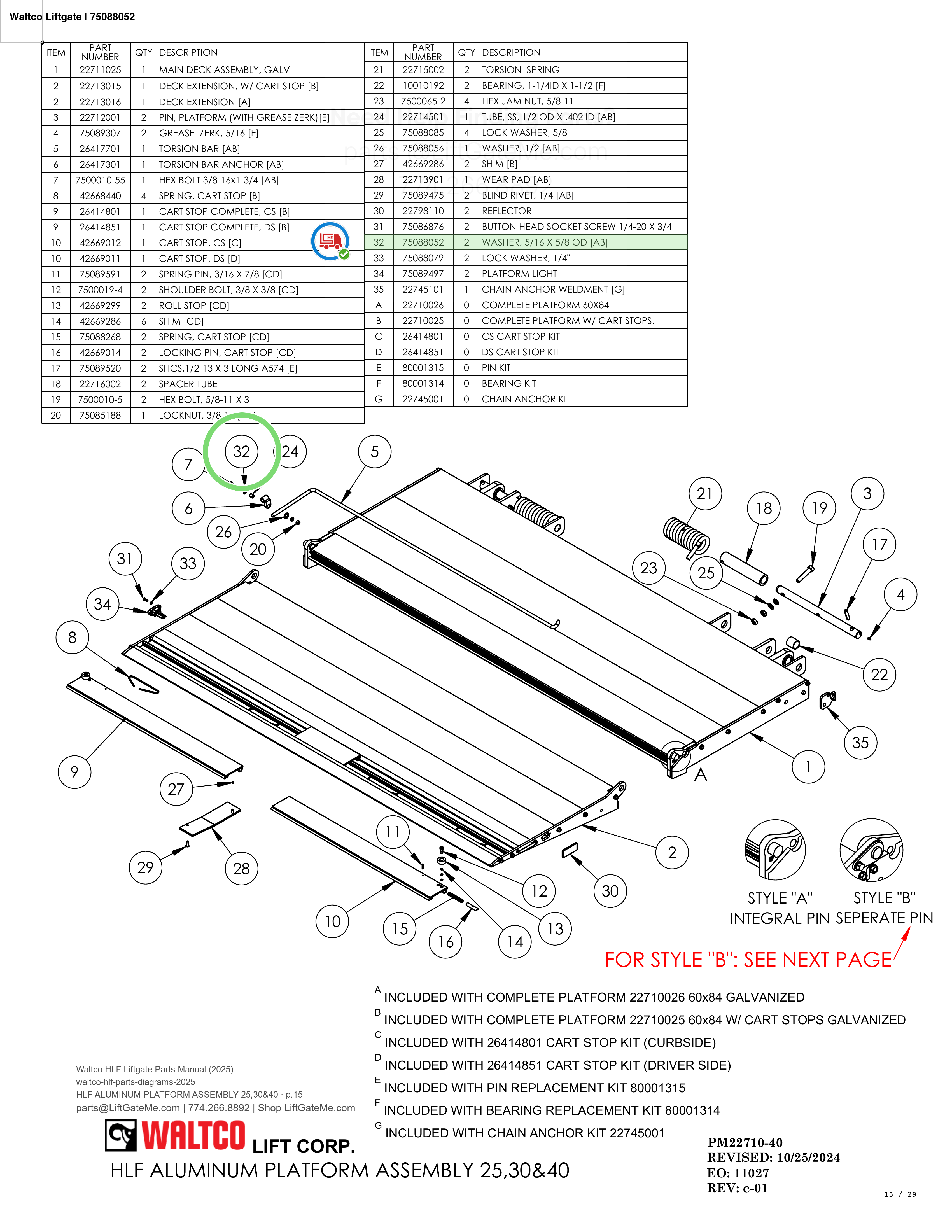 Waltco Liftgate | 75088052 — HLF ALUMINUM PLATFORM ASSEMBLY 25,30&40 · p.15 (Waltco HLF Parts Manual)