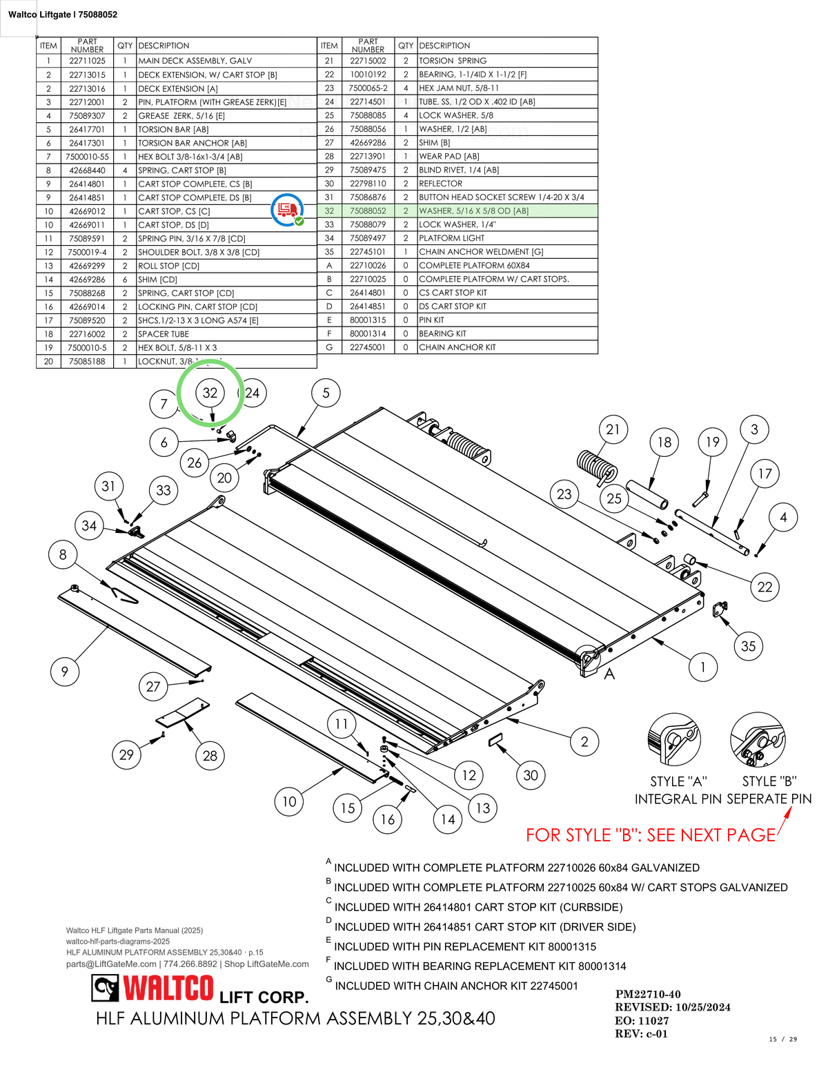 Waltco Liftgate | 75088052 — HLF ALUMINUM PLATFORM ASSEMBLY 25,30&40 · p.15 (Waltco HLF Parts Manual)