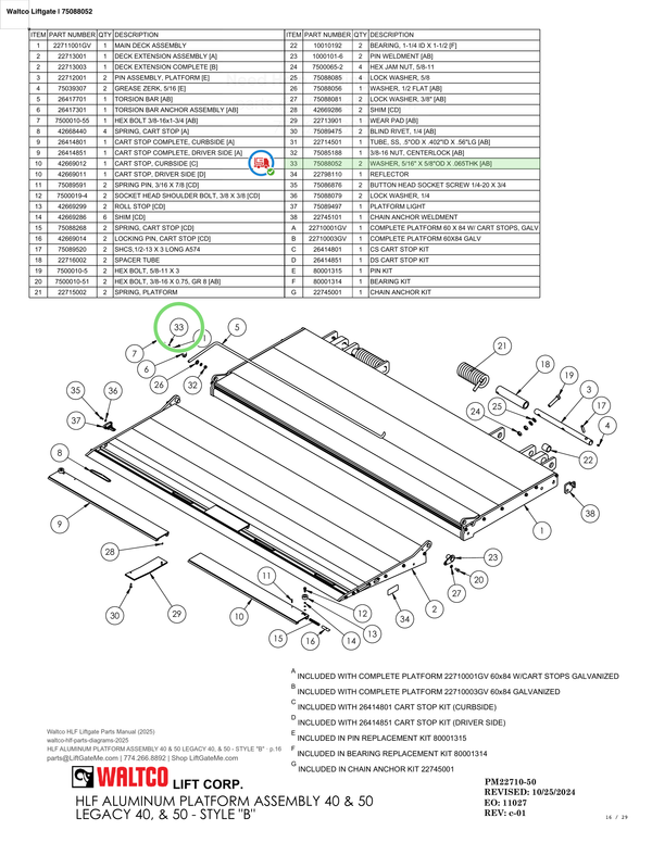 Waltco Liftgate | 75088052 — HLF ALUMINUM PLATFORM ASSEMBLY 40 & 50 LEGACY 40, & 50 - STYLE "B" · p.16 (Waltco HLF Parts Manual)