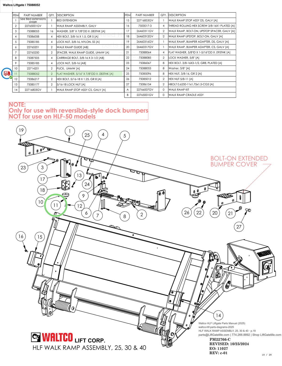 Waltco Liftgate | 75088052 — HLF WALK RAMP ASSEMBLY, 25, 30 & 40 · p.19 (Waltco HLF Parts Manual)