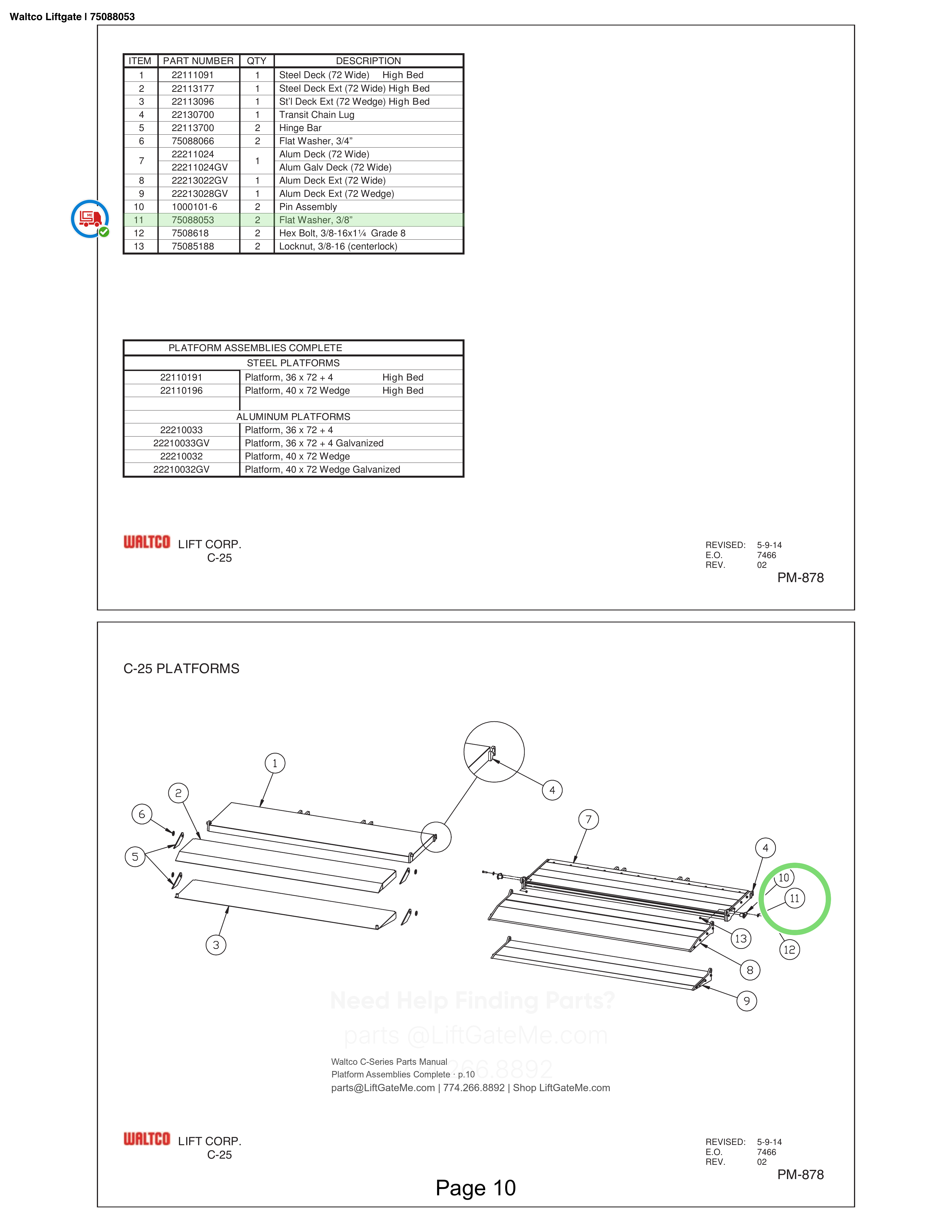 Waltco Liftgate | 75088053 — Platform Assemblies Complete · p.10 (Waltco C-Series Parts Manual)