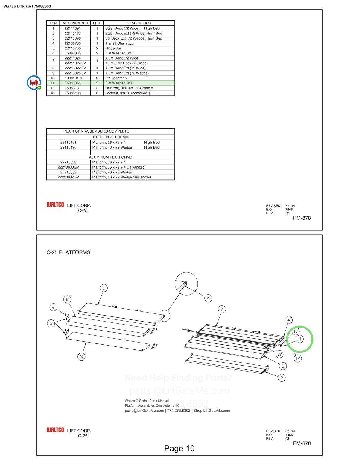 Waltco Liftgate | 75088053 — Platform Assemblies Complete · p.10 (Waltco C-Series Parts Manual)