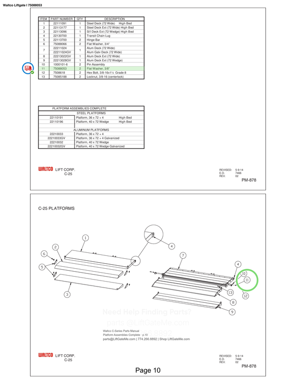 Waltco Liftgate | 75088053 — Platform Assemblies Complete · p.10 (Waltco C-Series Parts Manual)