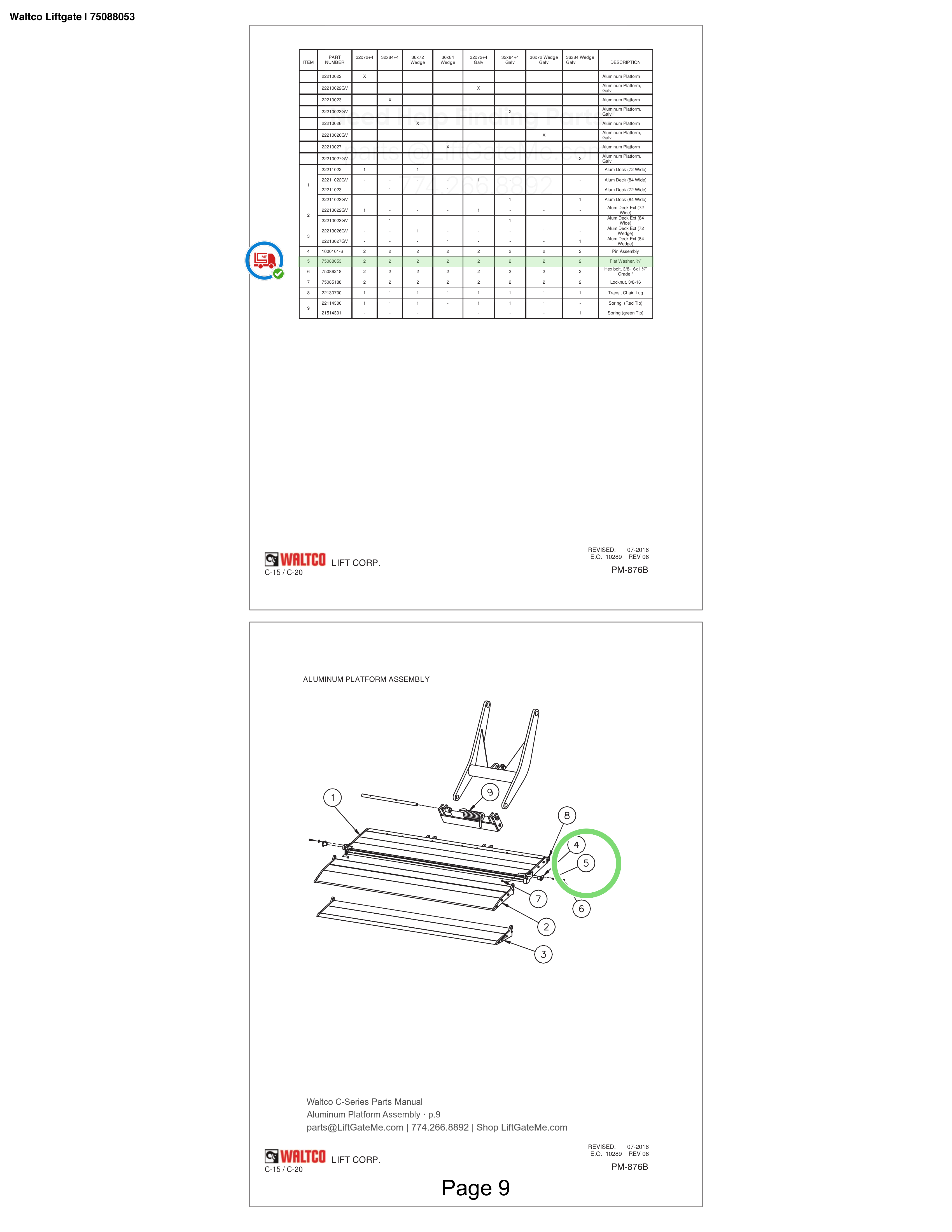 Waltco Liftgate | 75088053 — Aluminum Platform Assembly · p.9 (Waltco C-Series Parts Manual)
