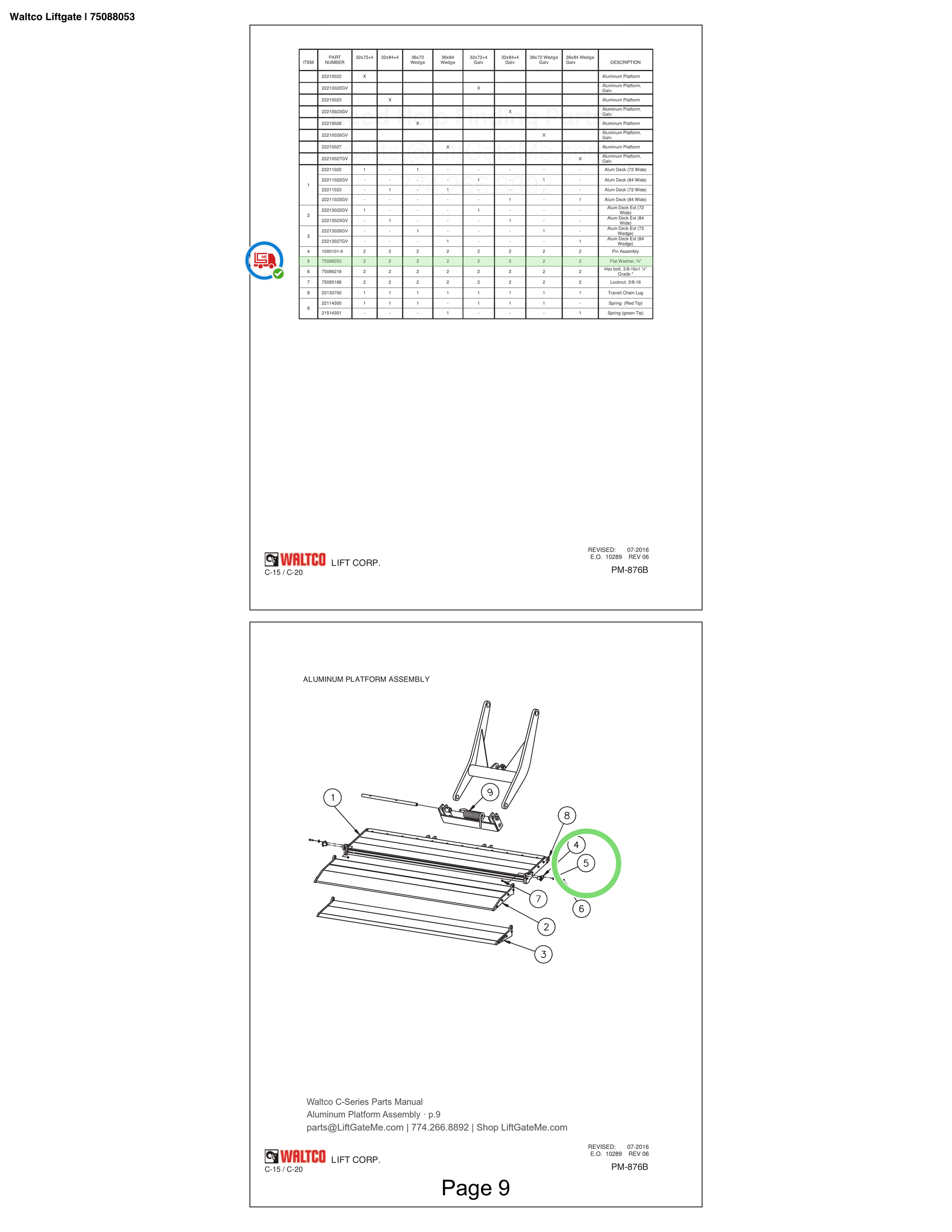 Waltco Liftgate | 75088053 — Aluminum Platform Assembly · p.9 (Waltco C-Series Parts Manual)