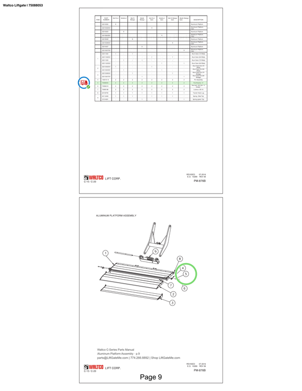Waltco Liftgate | 75088053 — Aluminum Platform Assembly · p.9 (Waltco C-Series Parts Manual)