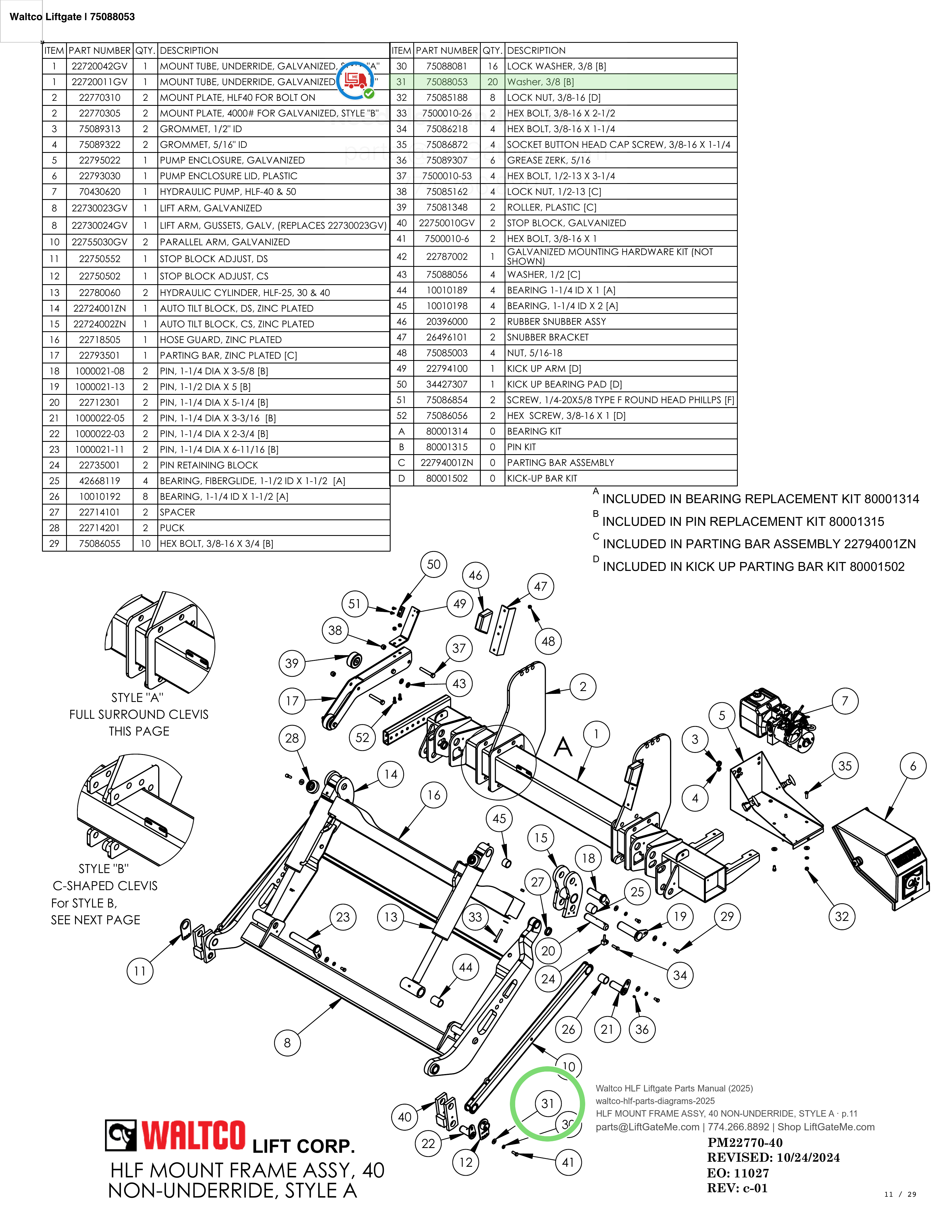 Waltco Liftgate | 75088053 — HLF MOUNT FRAME ASSY, 40 NON-UNDERRIDE, STYLE A · p.11 (Waltco HLF Parts Manual)