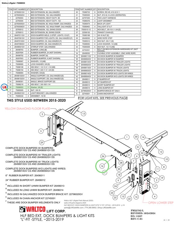Waltco Liftgate | 75088053 — HLF BED EXT, DOCK BUMPERS & LIGHT KITS "L"-FIT -STYLE, ~2015-2019 · p.18 (Waltco HLF Parts Manual)