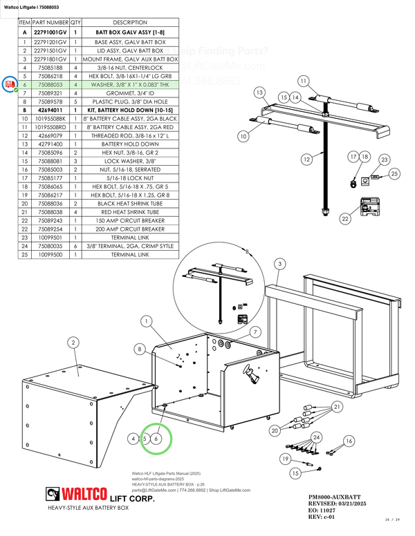 Waltco Liftgate | 75088053 — HEAVY-STYLE AUX BATTERY BOX · p.26 (Waltco HLF Parts Manual)