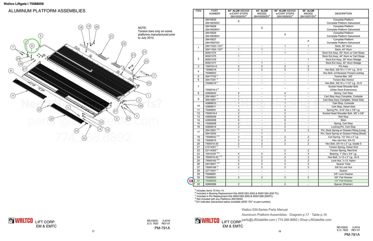 Waltco Liftgate | 75088056 — Aluminum Platform Assemblies · Diagram p.17 · Table p.16 (Waltco EM-Series Parts Manual)