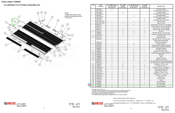 Waltco Liftgate | 75088056 — Aluminum Platform Assemblies · Diagram p.17 · Table p.16 (Waltco EM-Series Parts Manual)