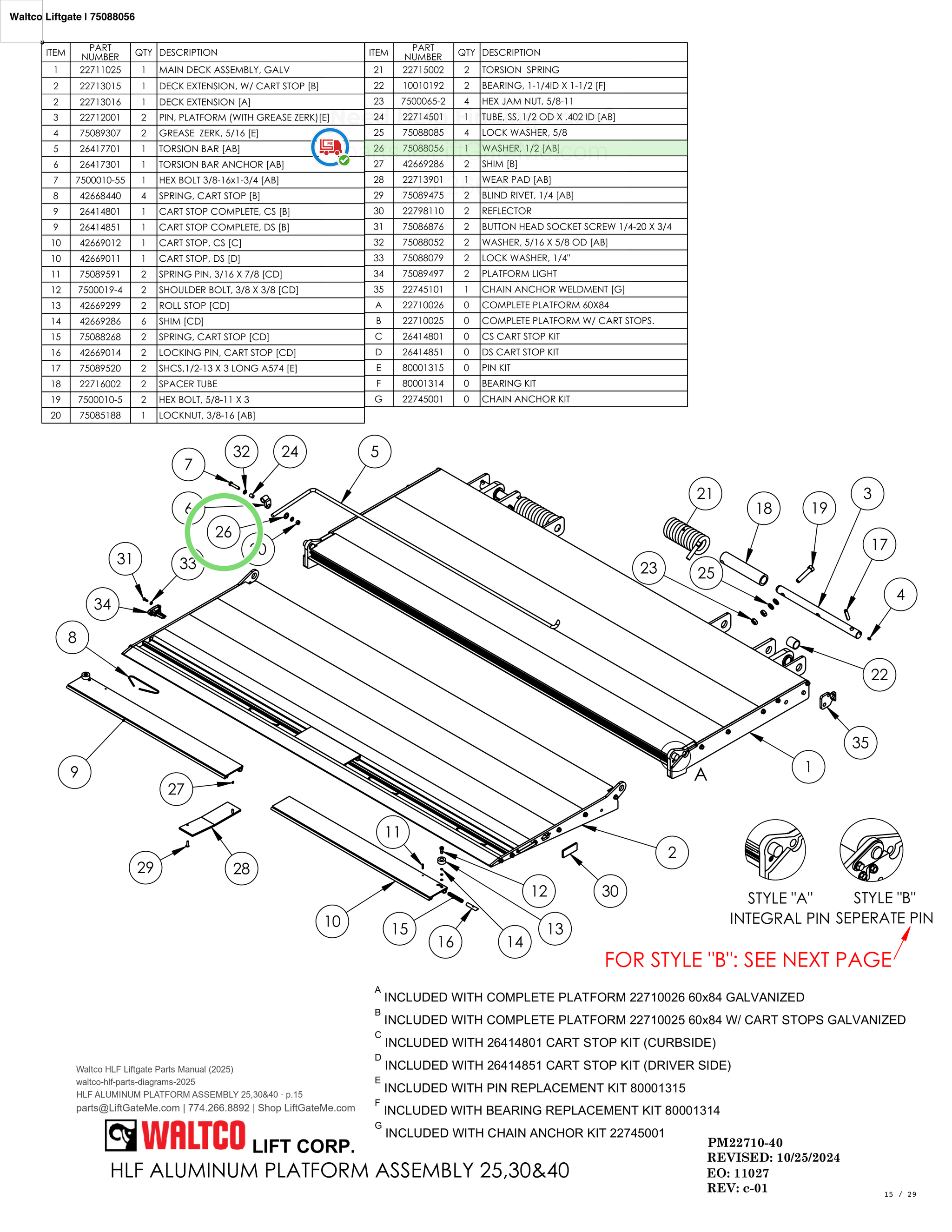 Waltco Liftgate | 75088056 — HLF ALUMINUM PLATFORM ASSEMBLY 25,30&40 · p.15 (Waltco HLF Parts Manual)