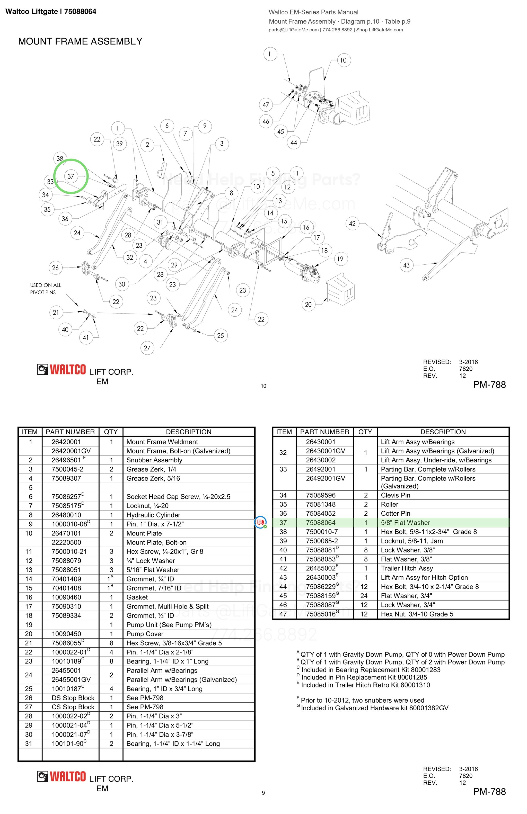 Waltco Liftgate | 75088064 — Mount Frame Assembly · Diagram p.10 · Table p.9 (Waltco EM-Series Parts Manual)