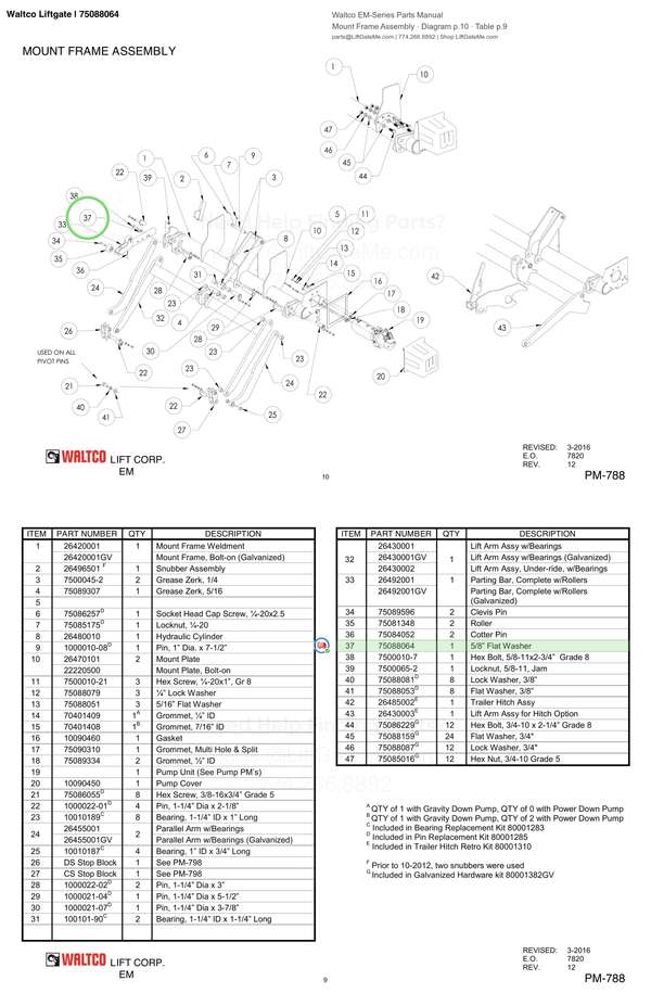Waltco Liftgate | 75088064 — Mount Frame Assembly · Diagram p.10 · Table p.9 (Waltco EM-Series Parts Manual)