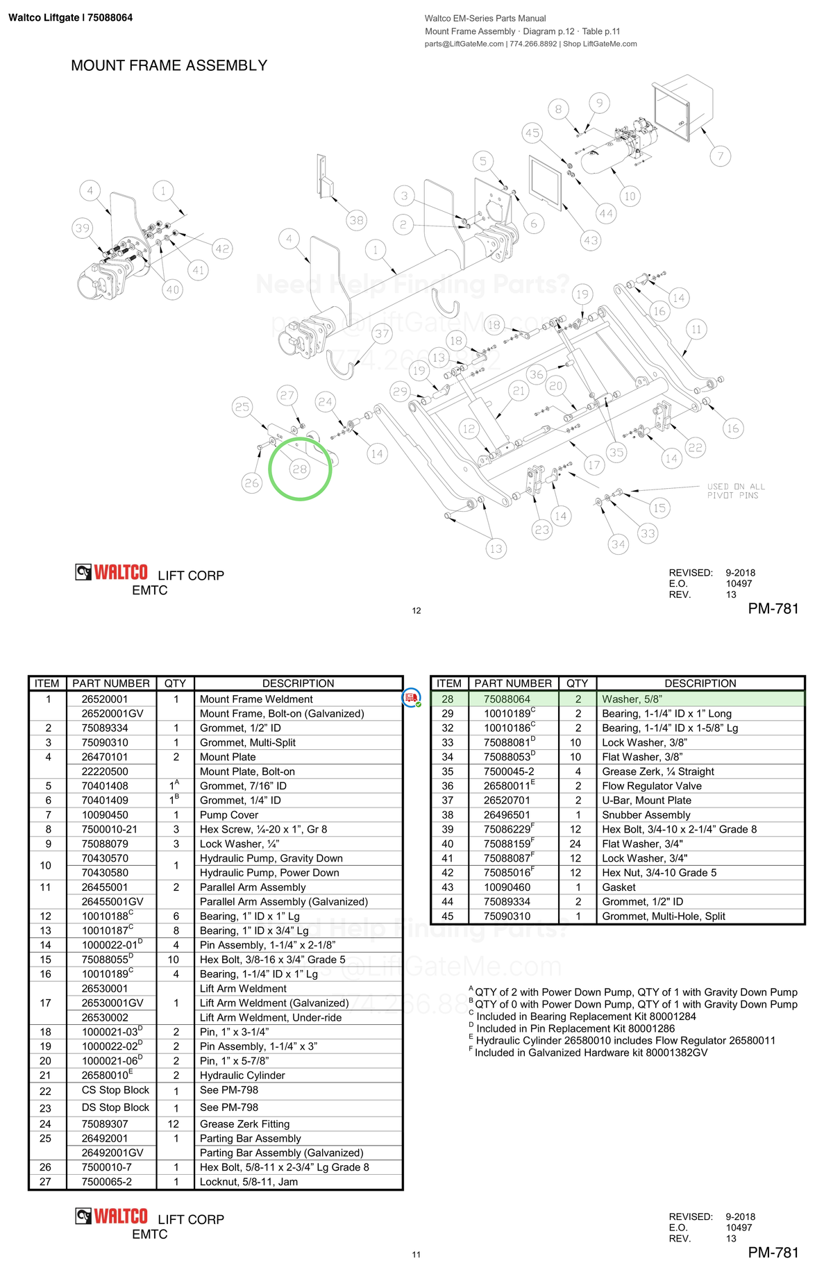 Waltco Liftgate | 75088064 — Mount Frame Assembly · Diagram p.12 · Table p.11 (Waltco EM-Series Parts Manual)