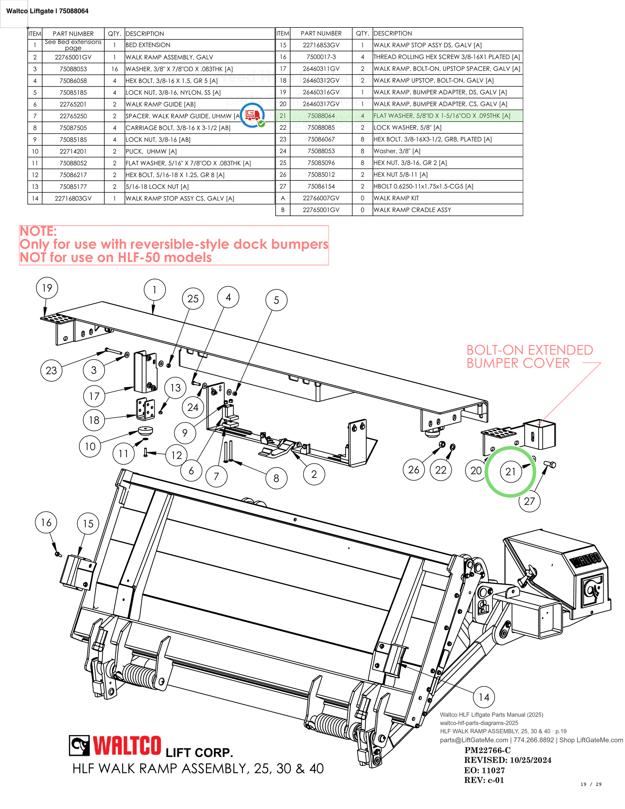 Waltco Liftgate | 75088064 — HLF WALK RAMP ASSEMBLY, 25, 30 & 40 · p.19 (Waltco HLF Parts Manual)
