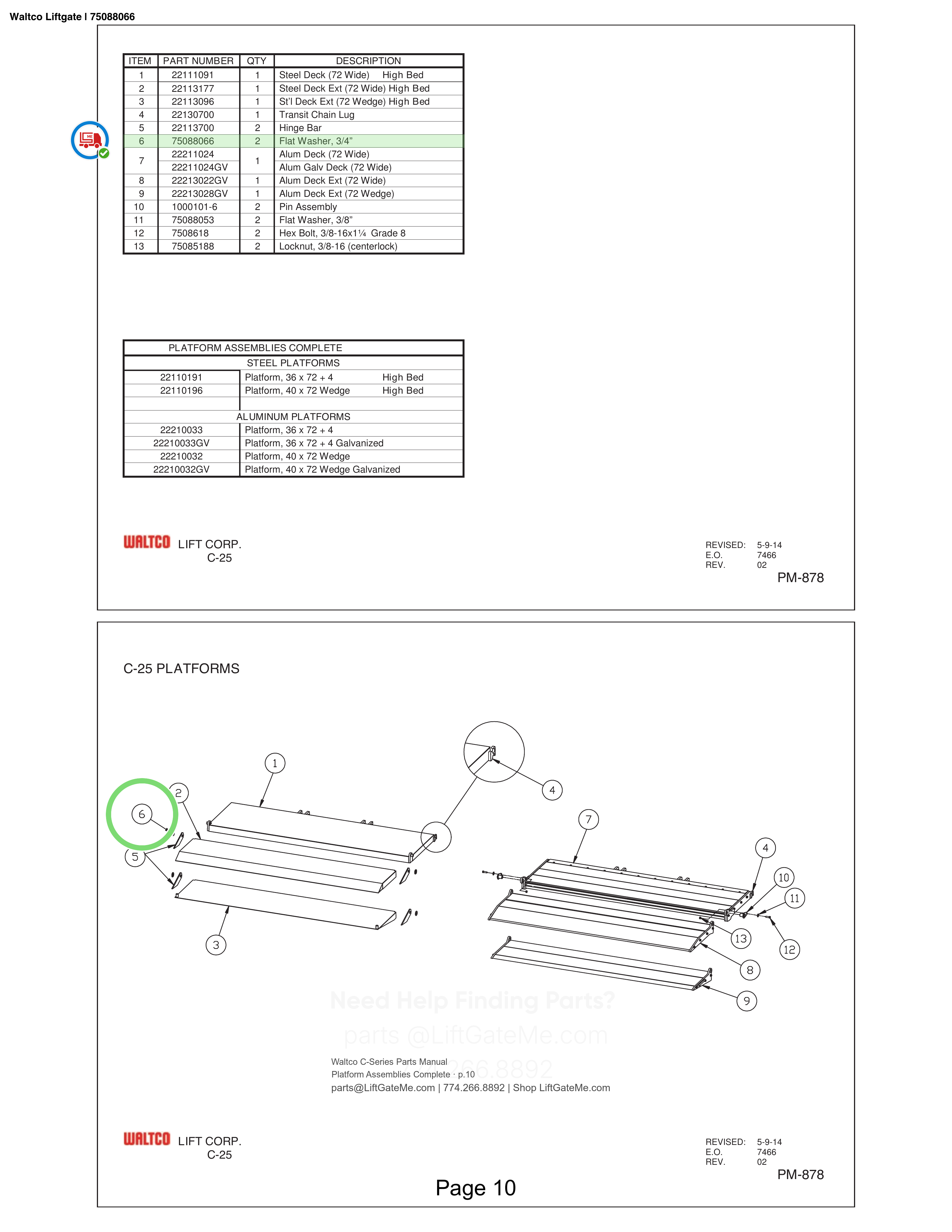 Waltco Liftgate | 75088066 — Platform Assemblies Complete · p.10 (Waltco C-Series Parts Manual)
