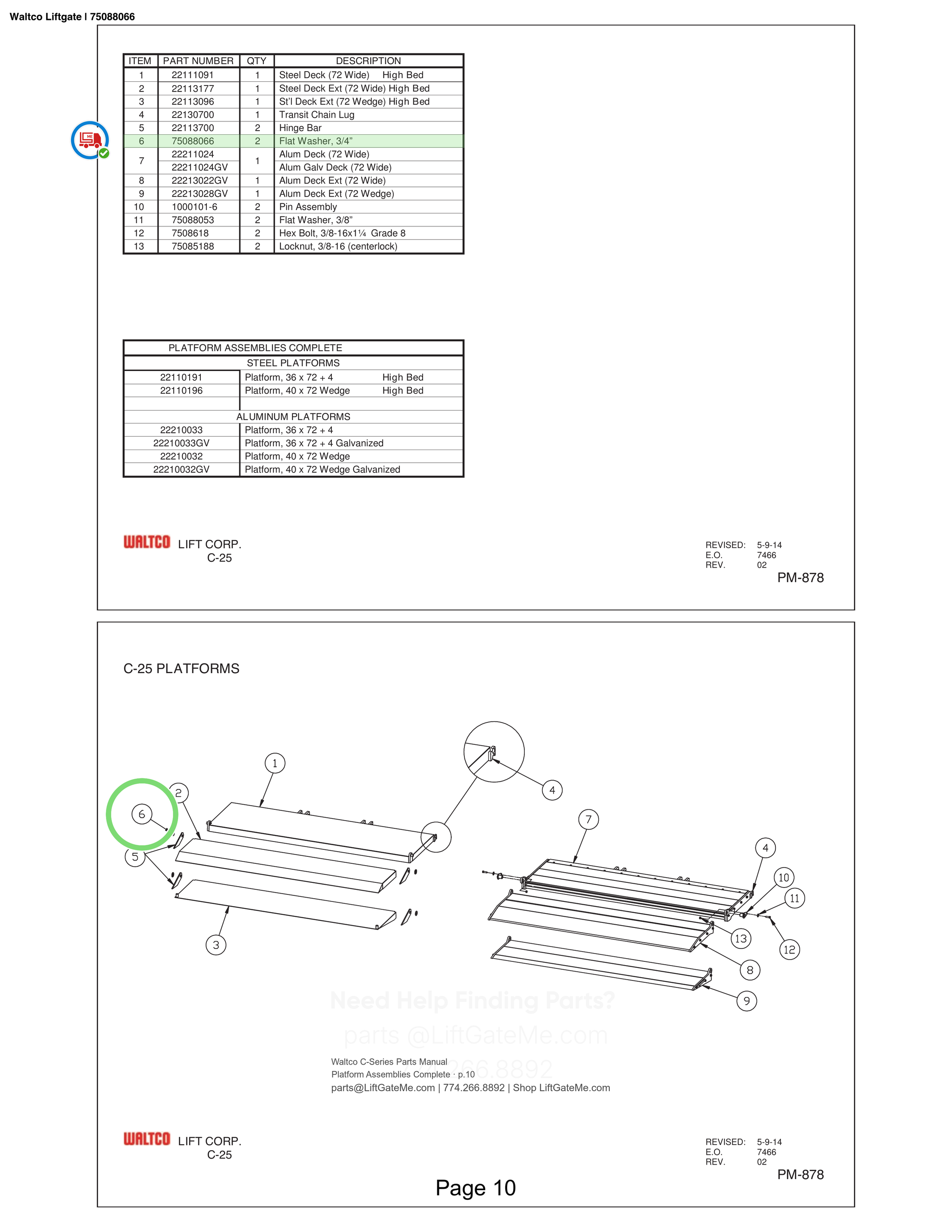 Waltco Liftgate | 75088066 — Platform Assemblies Complete · p.10 (Waltco C-Series Parts Manual)