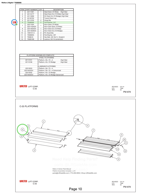 Waltco Liftgate | 75088066 — Platform Assemblies Complete · p.10 (Waltco C-Series Parts Manual)